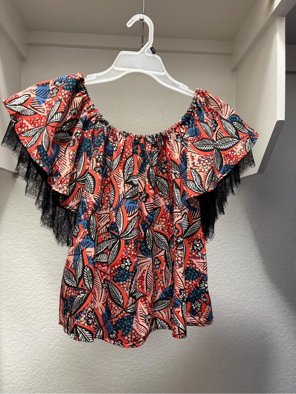 Printed Off-Shoulder Ruffle Top in Coral and Blue